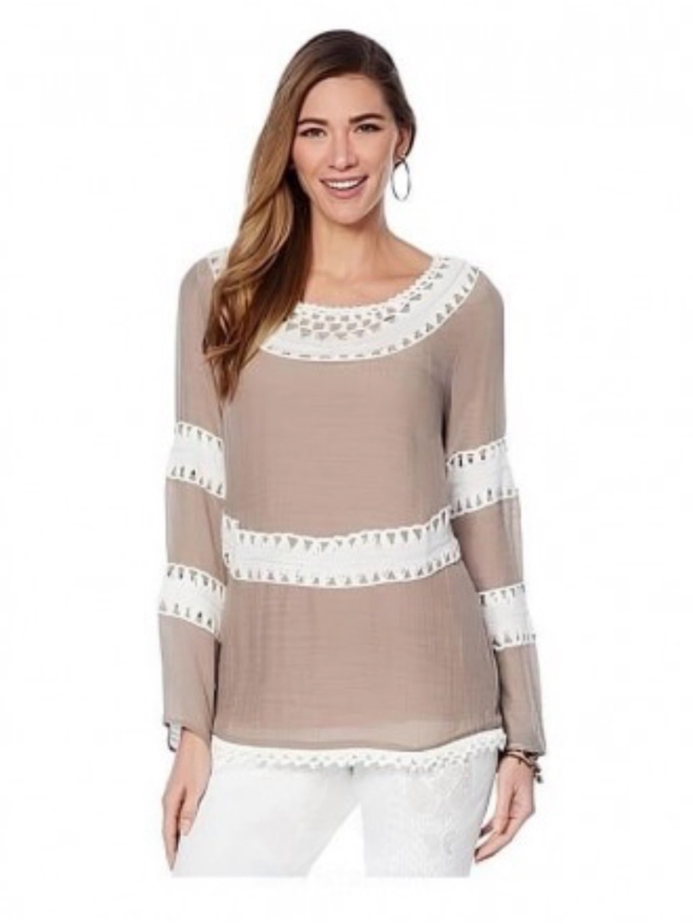 Taupe Lace-Trim Sheer Long-Sleeve Blouse